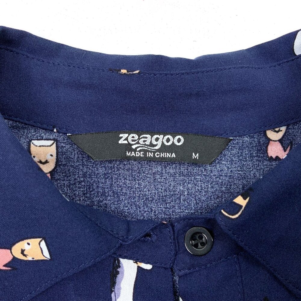 Whimsical Cat Print Navy Button Down Rayon/Viscose Shirt Blouse Sz M - Picture 2 of 16
